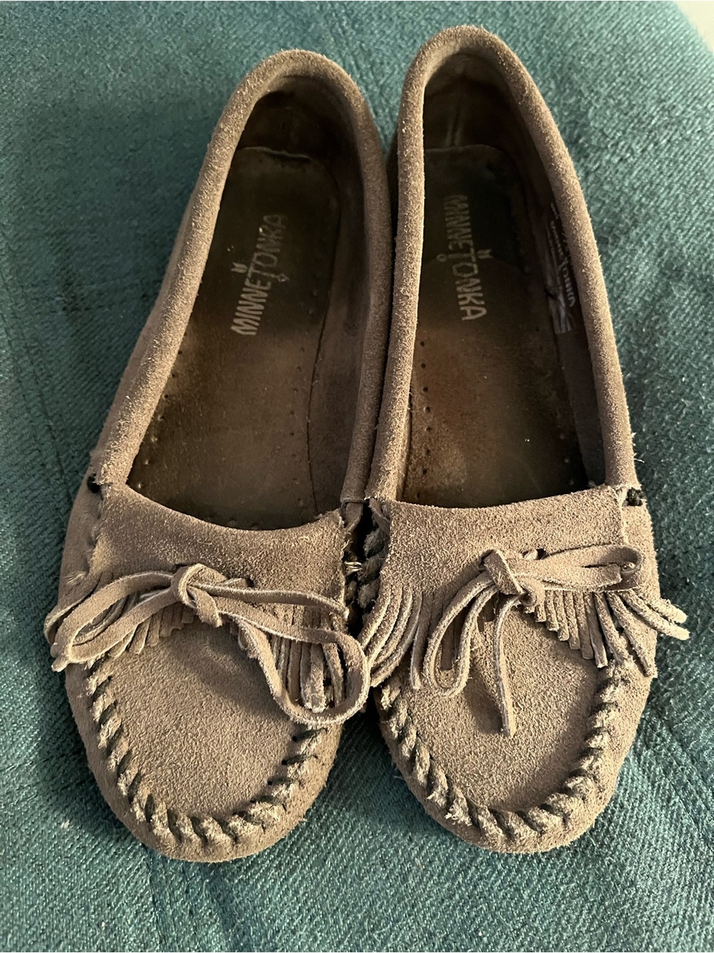 Minnetonka Taupe Suede Fringe Moccasins